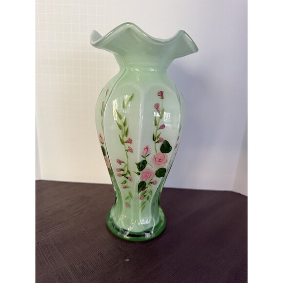 VTG Fenton Style Opaline Green Cased Glass Ruffle Floral HandPainted Vase 8” - Picture 1 of 5